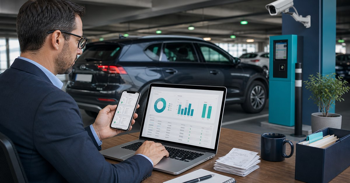 Business parking expense tracking with receipts, smartphone, laptop, and managed parking garage