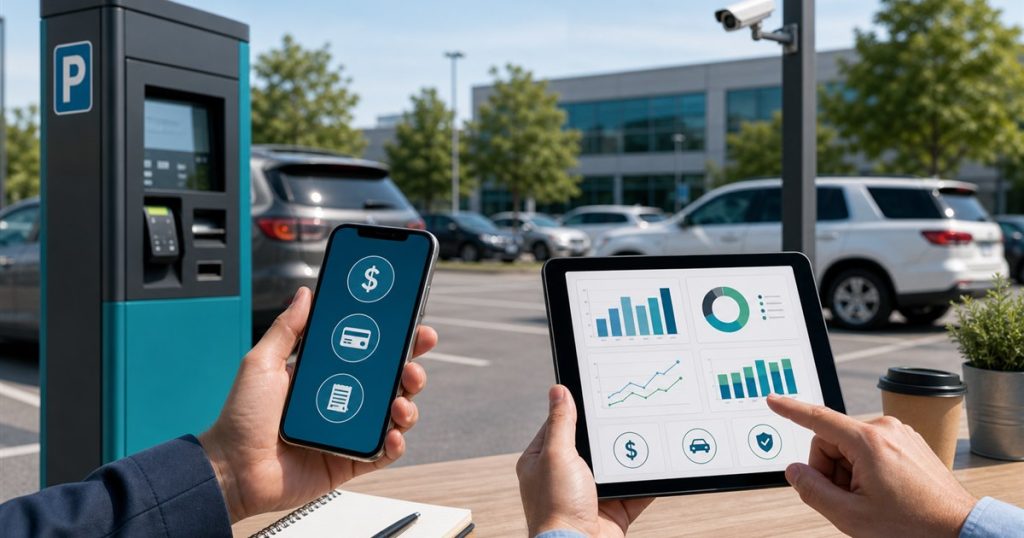 Parking app fee comparison with mobile payment icons, operator tablet, and commercial parking lot
