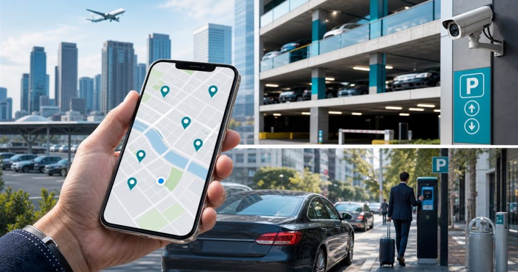 Multi-city parking app coverage with smartphone map pins, garage, city street, and LPR camera