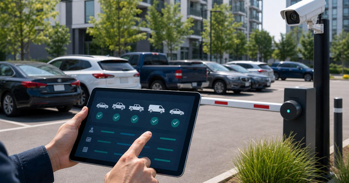 Multiple vehicles managed in a parking lot with tablet dashboard and license plate recognition