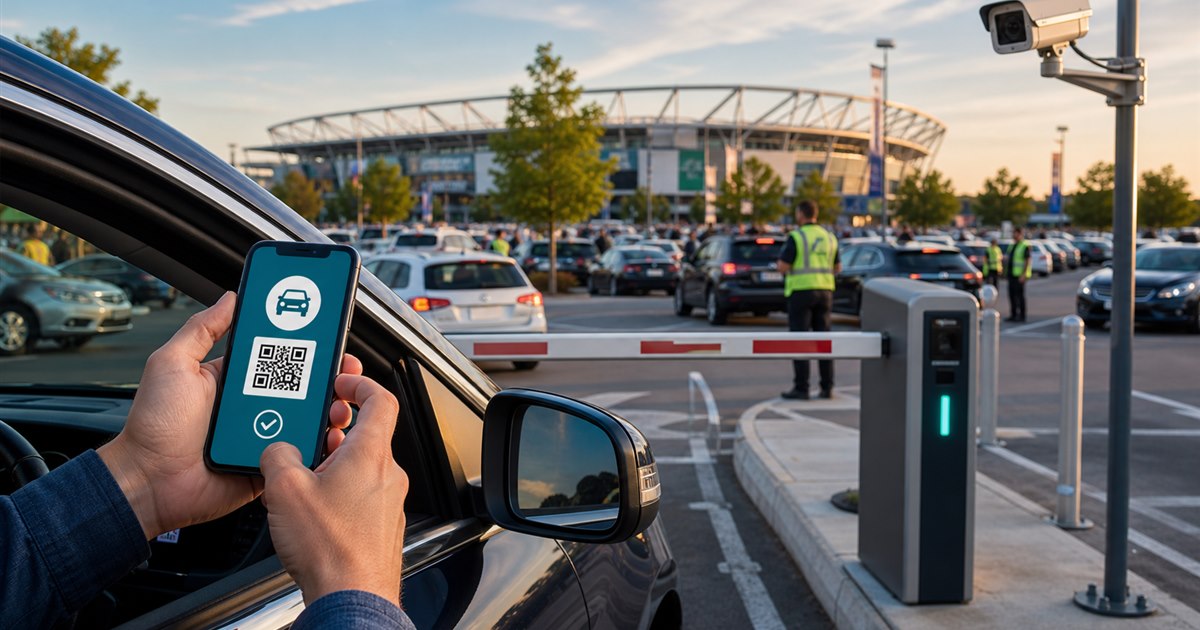Event parking lot with mobile parking pass workflow and license plate recognition camera