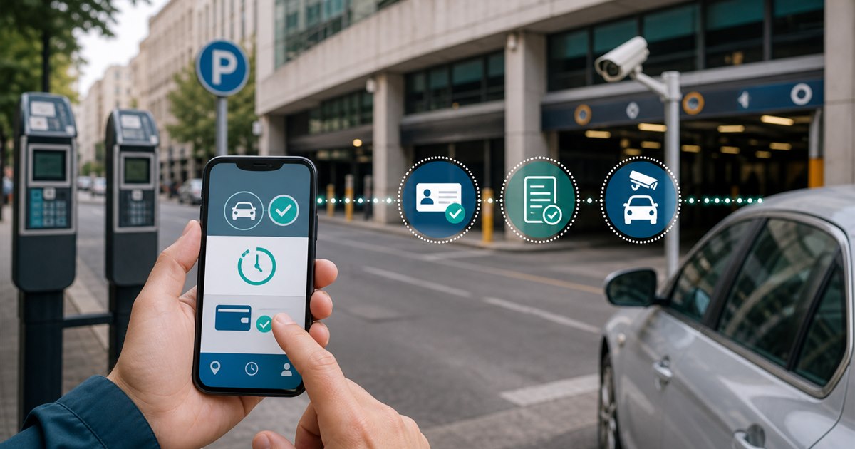 Mobile pay parking comparison with city meters, garage entrance, smartphone, and LPR camera