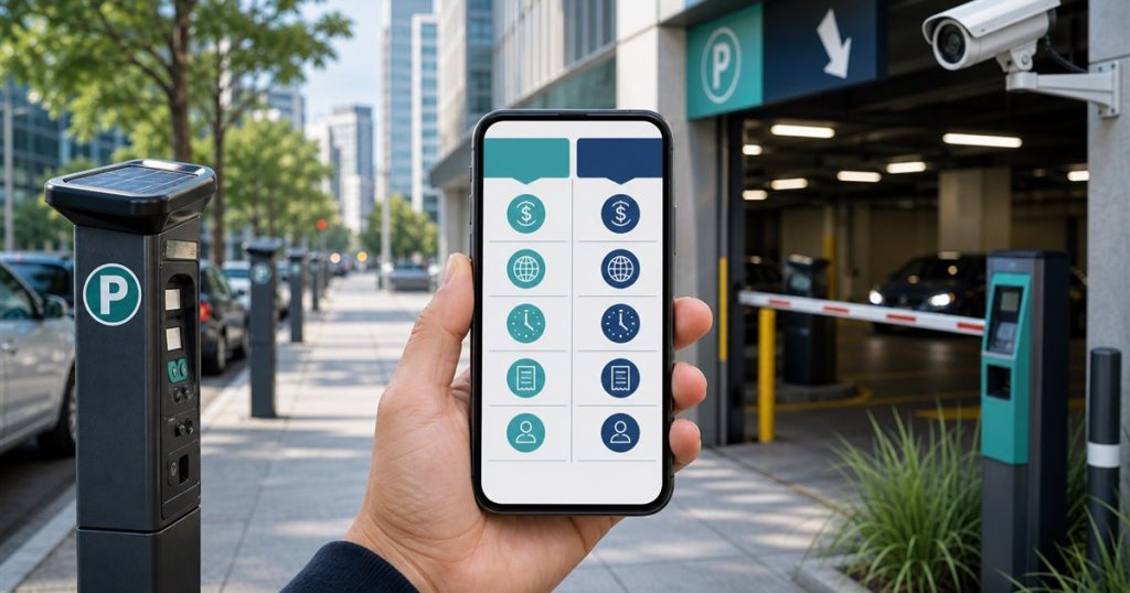 Mobile parking payment comparison with city meters, commercial lot entrance, smartphone, and LPR camera