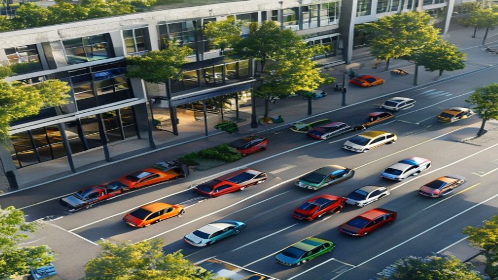 Efficient school car line with vehicles moving smoothly past a modern school building entrance