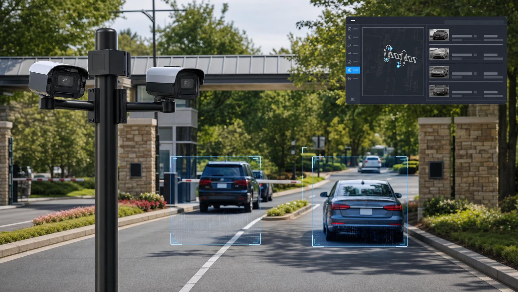 RoadCam Pro dual-view LPR camera at a multi-lane private entrance