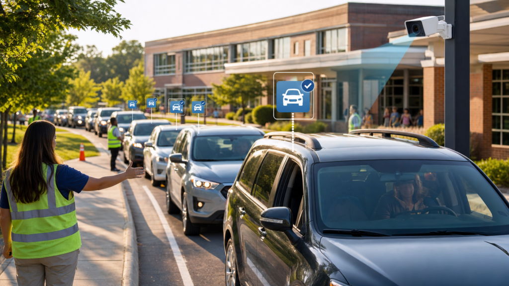 School pickup carline with automated vehicle recognition concept to reduce dismissal delays