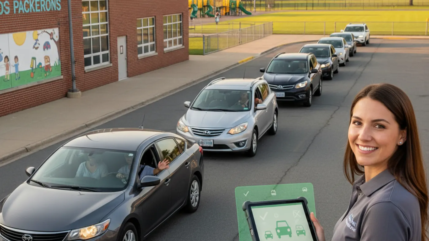 School pickup line license plate recognition with staff tablet authorization workflow