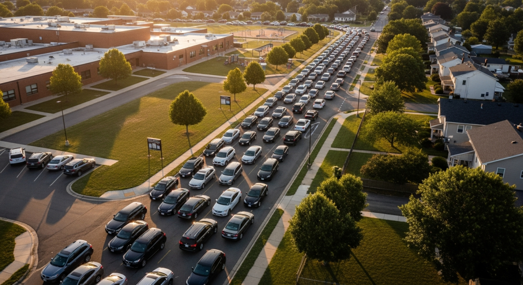 School pickup line traffic during dismissal hour