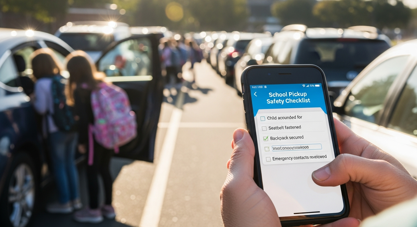 Parent using school pickup safety checklist on smartphone at school