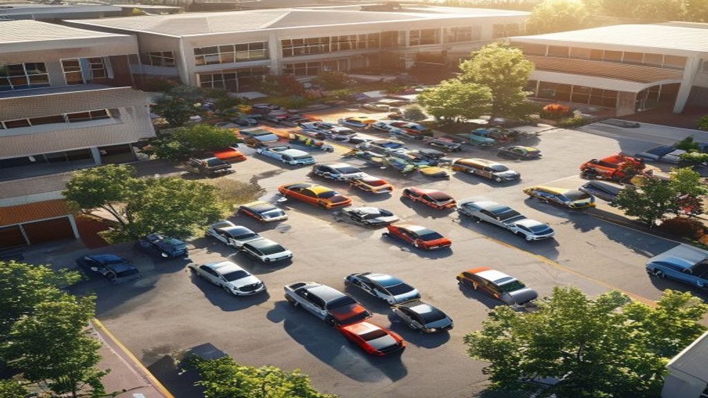 Aerial view of organized school car pickup line with vehicles queued outside an elementary school