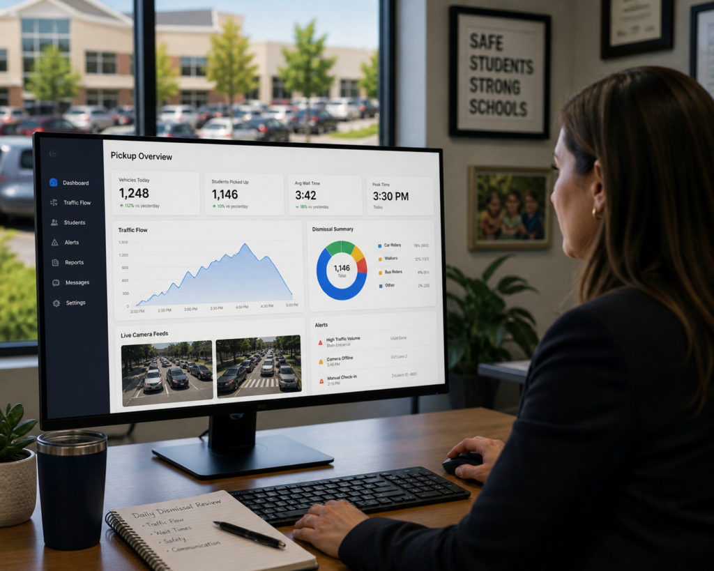 A school administrator at a desk computer reviewing pickup analytics, a timeline, and a cost comparison chart of school pickup systems