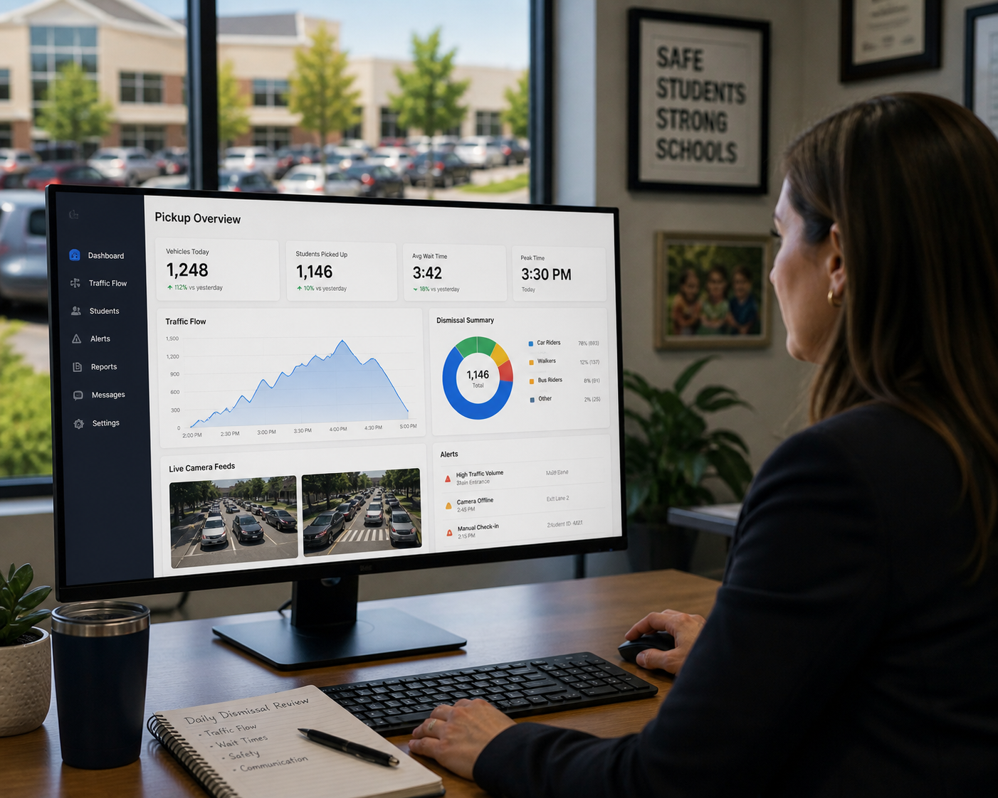 A school administrator at a desk computer reviewing pickup analytics, a timeline, and a cost comparison chart of school pickup systems