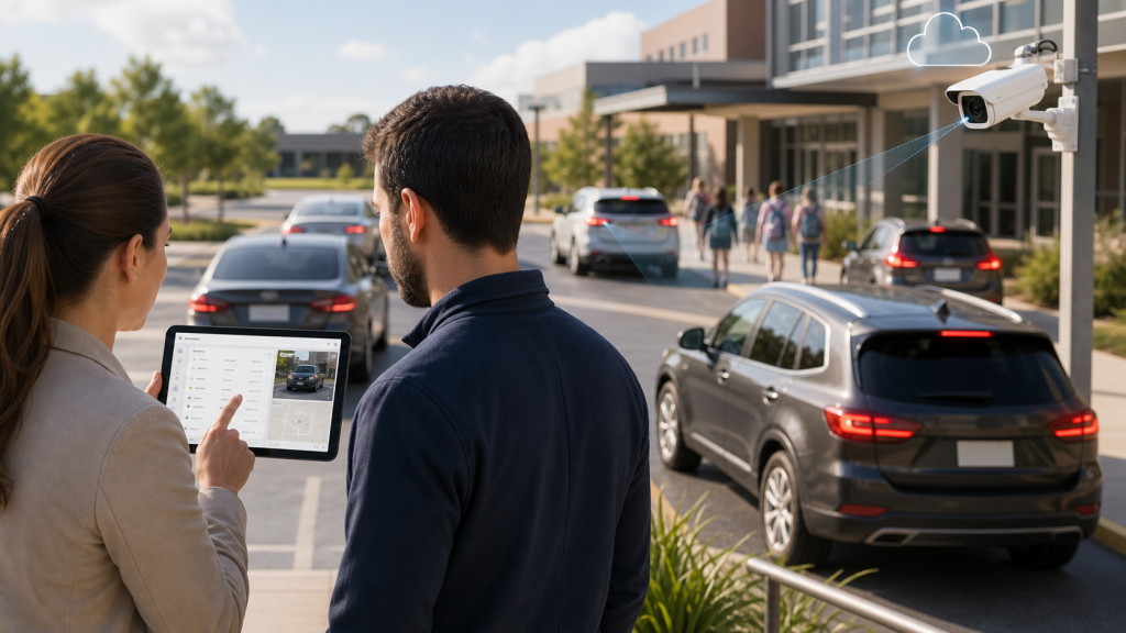 School pickup automation with license plate recognition camera and staff tablet dashboard