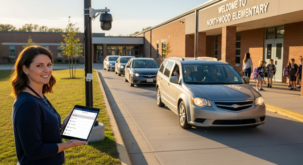School staff verifying authorized vehicles during student dismissal