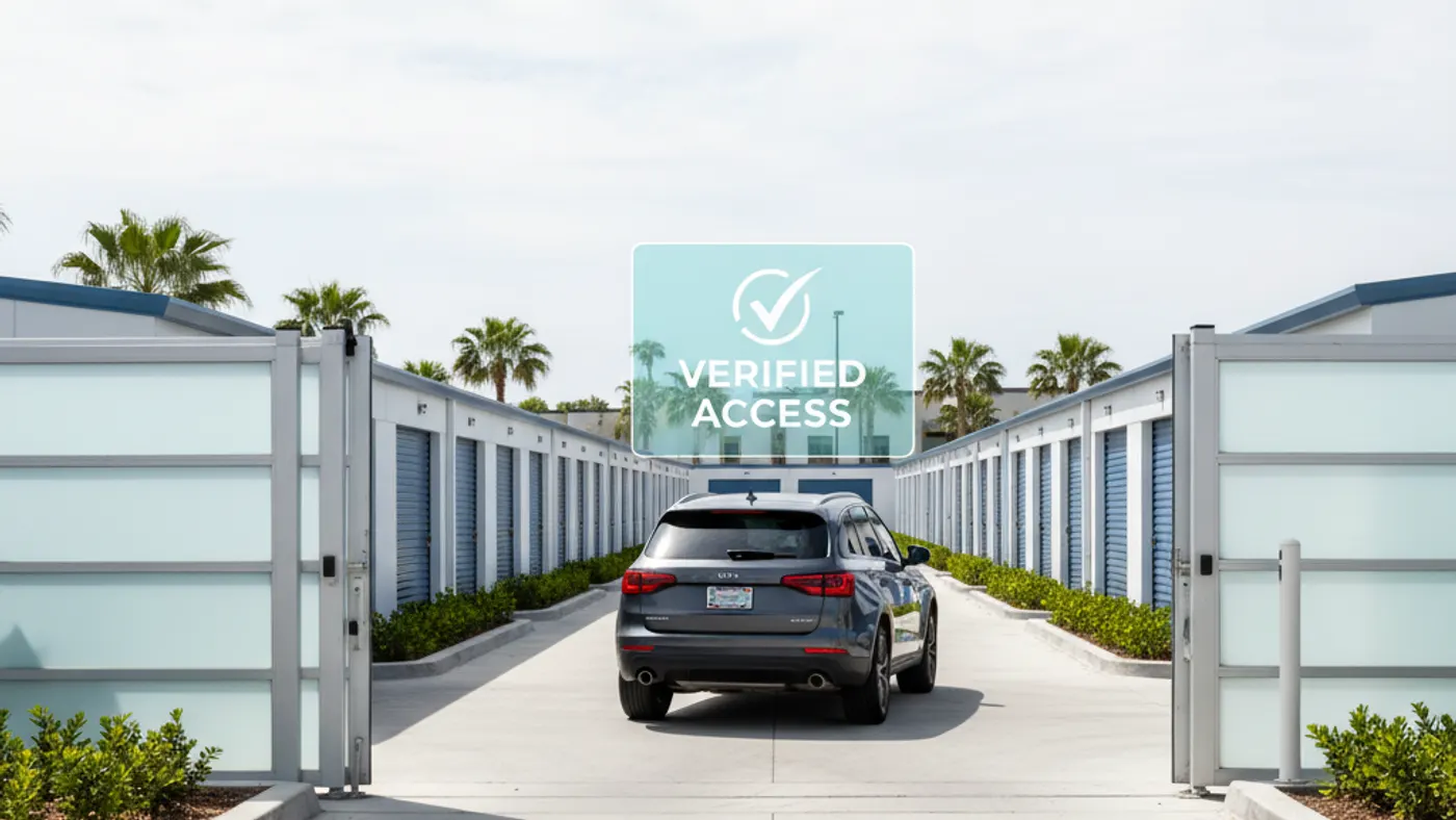 Self-storage gate access with license plate recognition and tenant vehicle verification