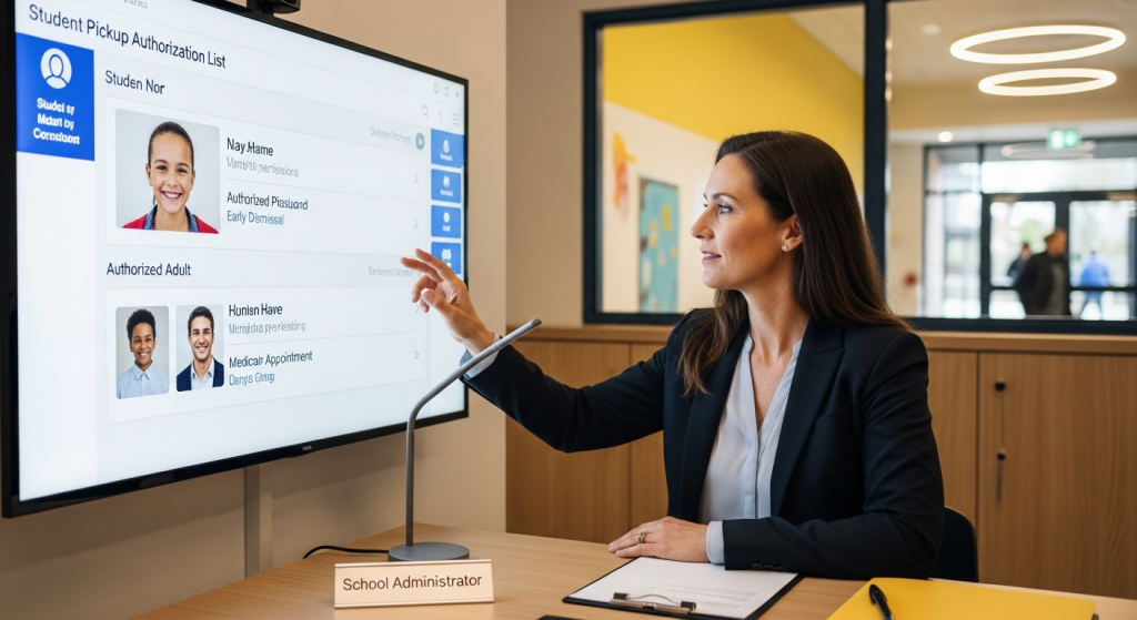 School administrator reviewing student pickup authorization on digital system