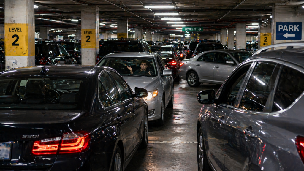 A confused driver in a busy urban parking garage with double-parked cars