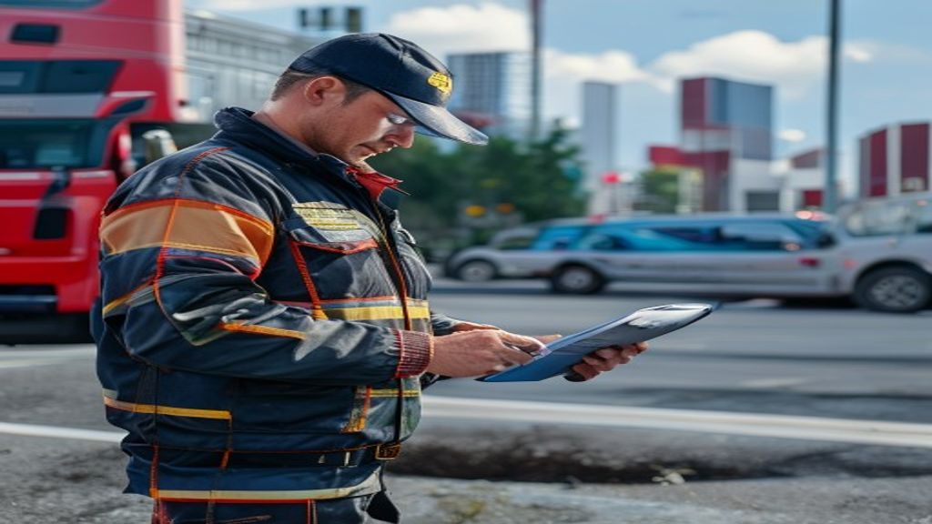 Tow truck driver using a tablet to check a license plate in a parking lot