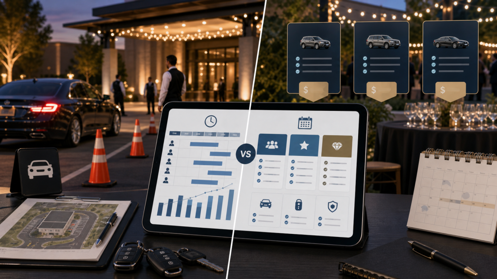Valet parking pricing model for hourly service and event valet packages