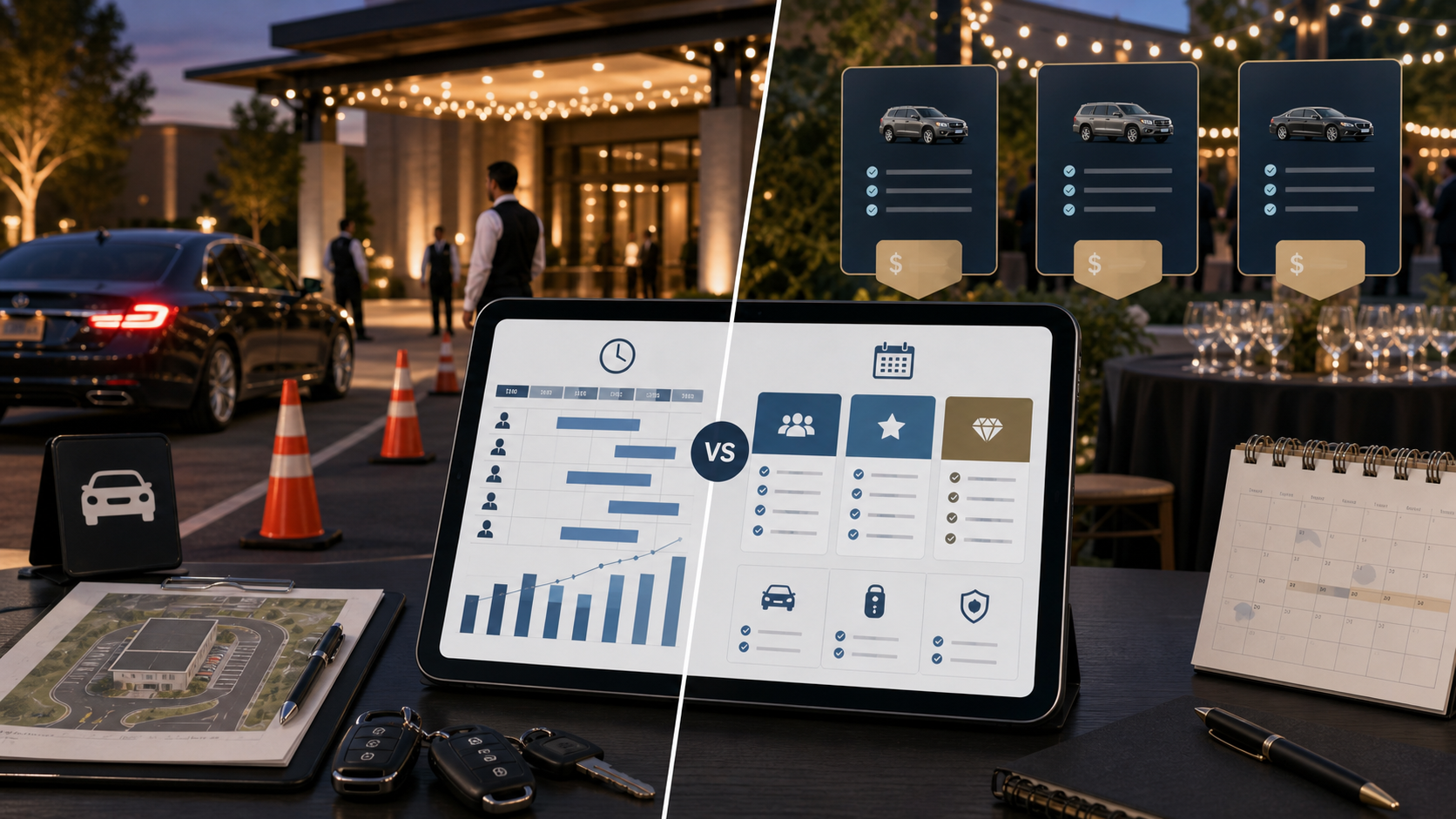 Valet parking pricing model for hourly service and event valet packages