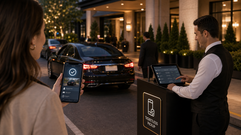 Ticketless valet system with phone claim link and tablet pickup queue