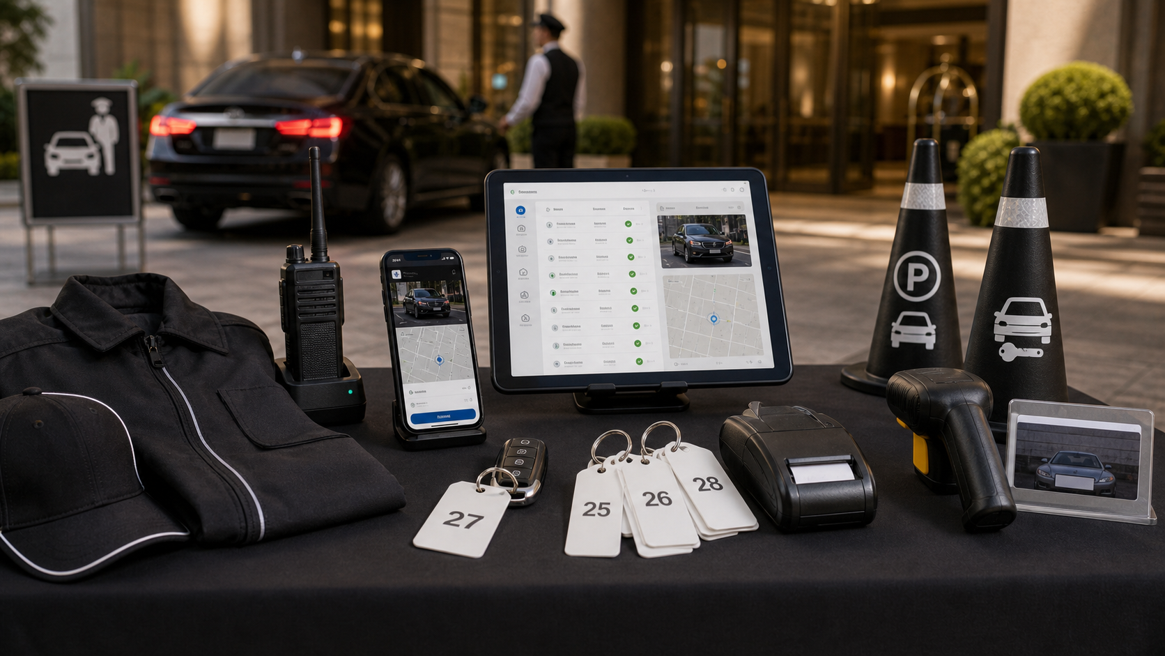 Valet equipment including phone tablet keys cones and ticketless software
