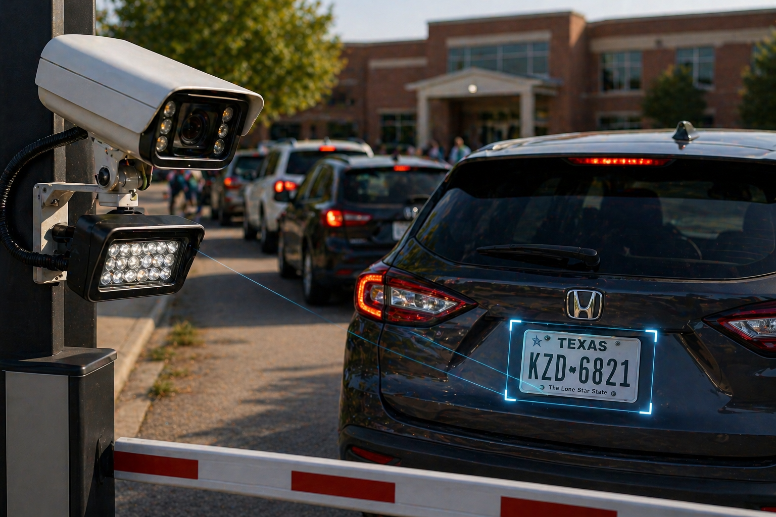 an LPR camera mounted on a pole, scanning a license plate as a car drives to the front of the school