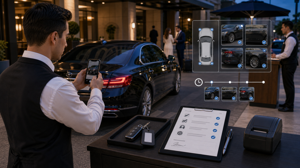 Valet vehicle condition photo evidence and damage responsibility documentation