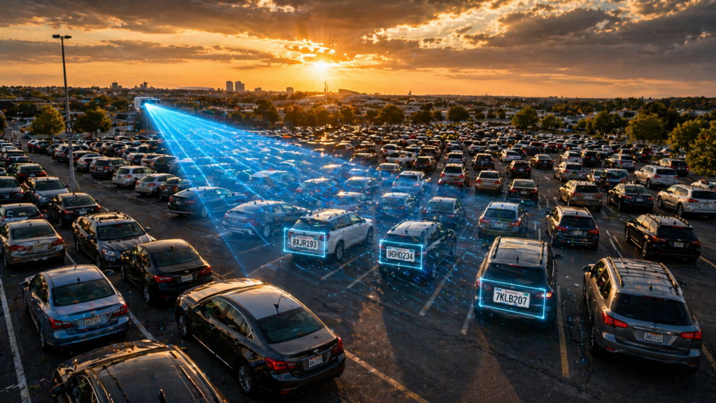 a large congested parking lot with one glowing blue AI scan beam sweeping across the lot, highlighting car license plates
