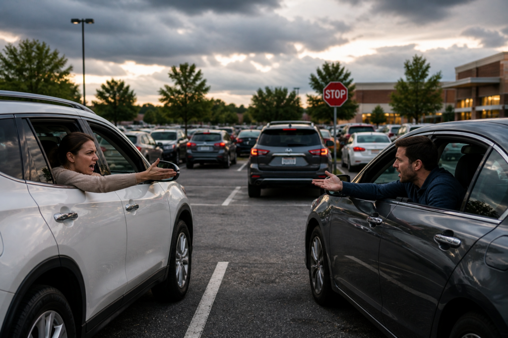 Two cars facing each other in a parking lot, both with blinkers on, competing for the same empty spot