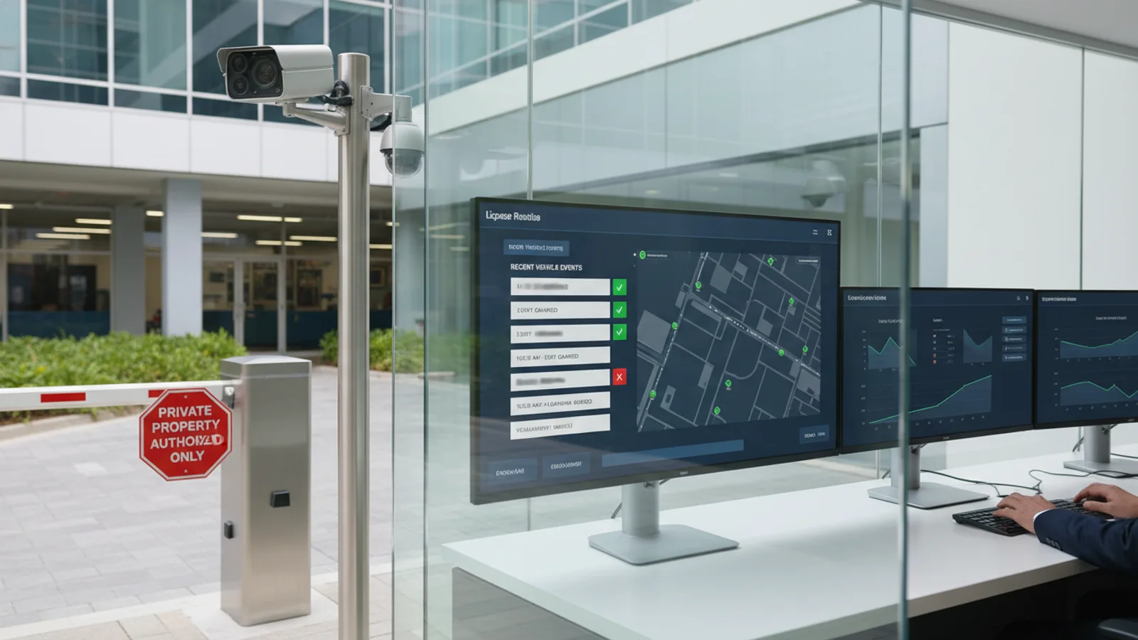 Private-property license plate recognition camera capturing vehicle entry with operations dashboard