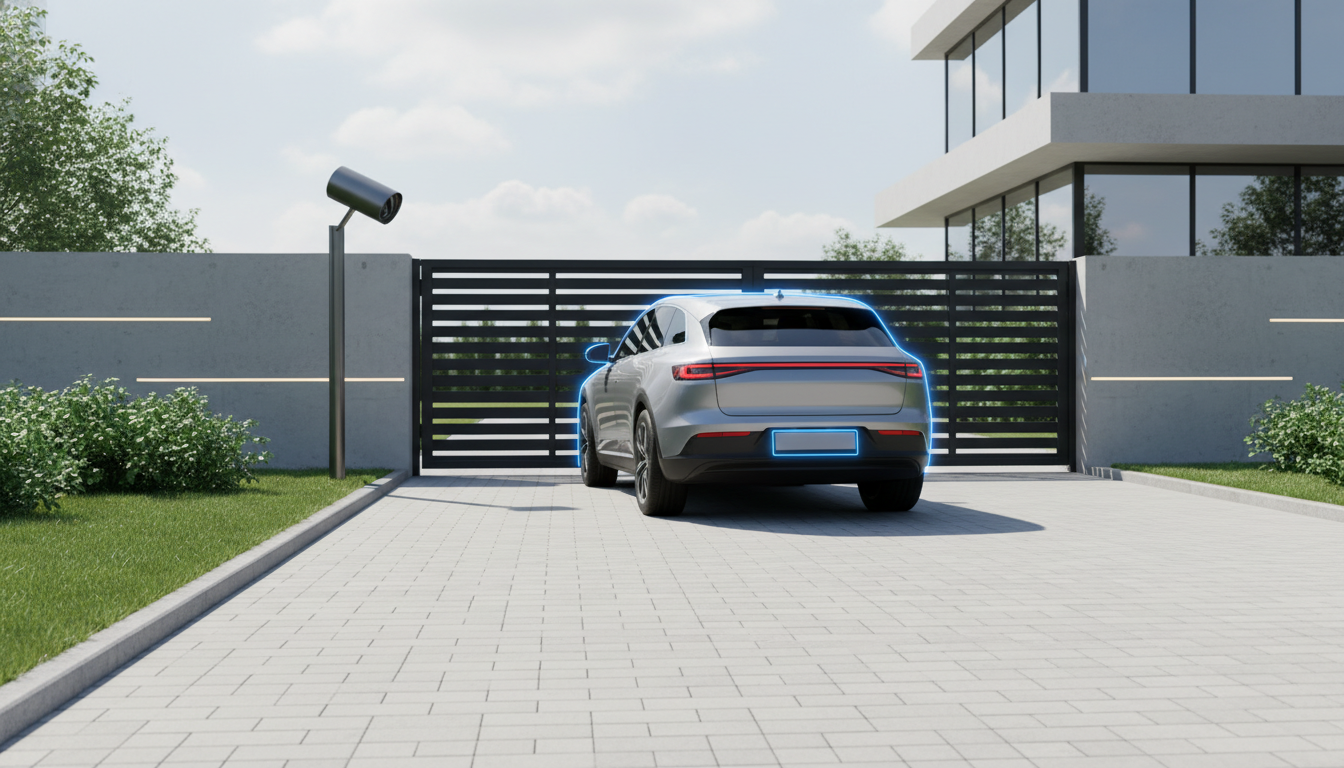 AI license plate recognition camera scanning a vehicle at a private property gate