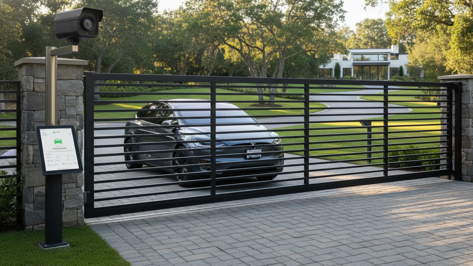 Vehicle entering a private gate with license plate recognition camera and access dashboard