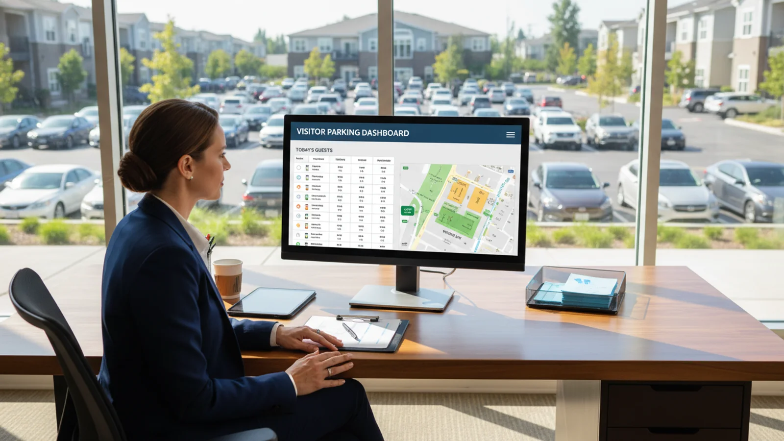 Apartment property manager reviewing visitor parking and resident vehicle records