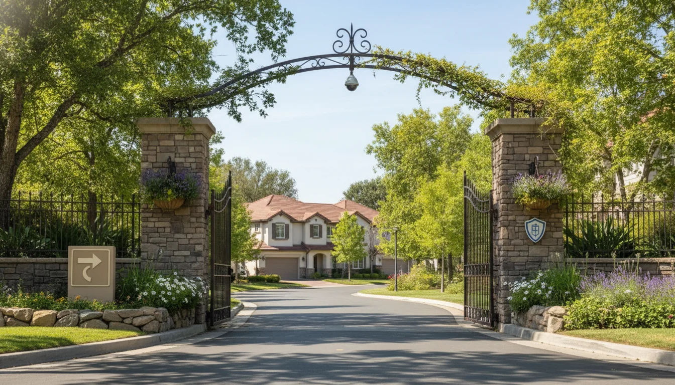 Calm HOA neighborhood entrance with privacy-first community security signage