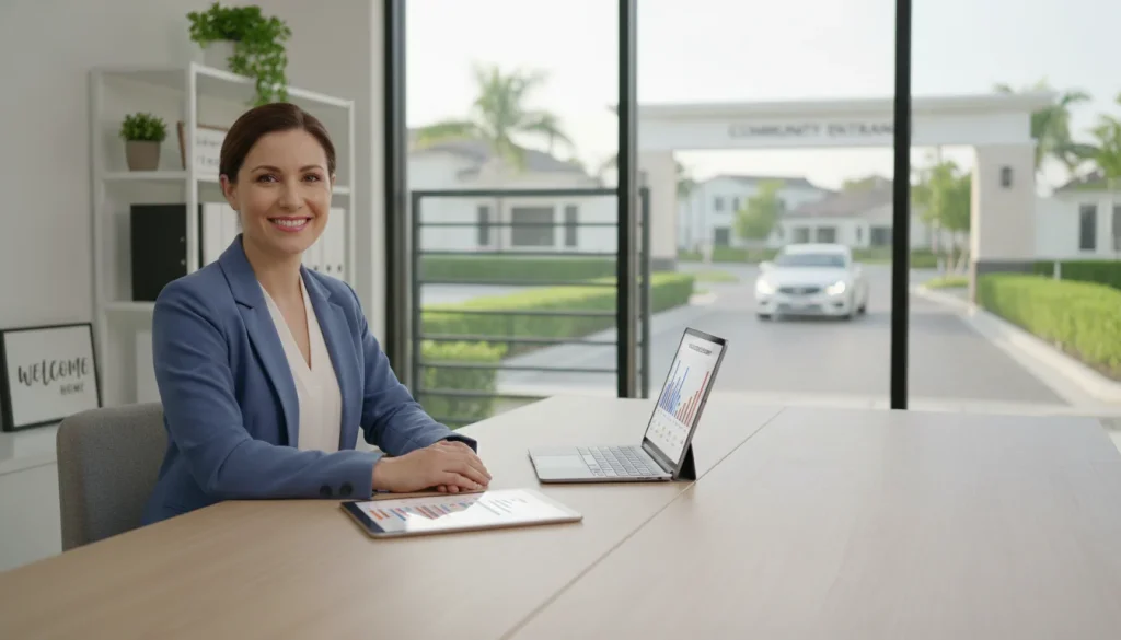 Property manager reviewing privacy-first vehicle access workflow for a gated HOA community