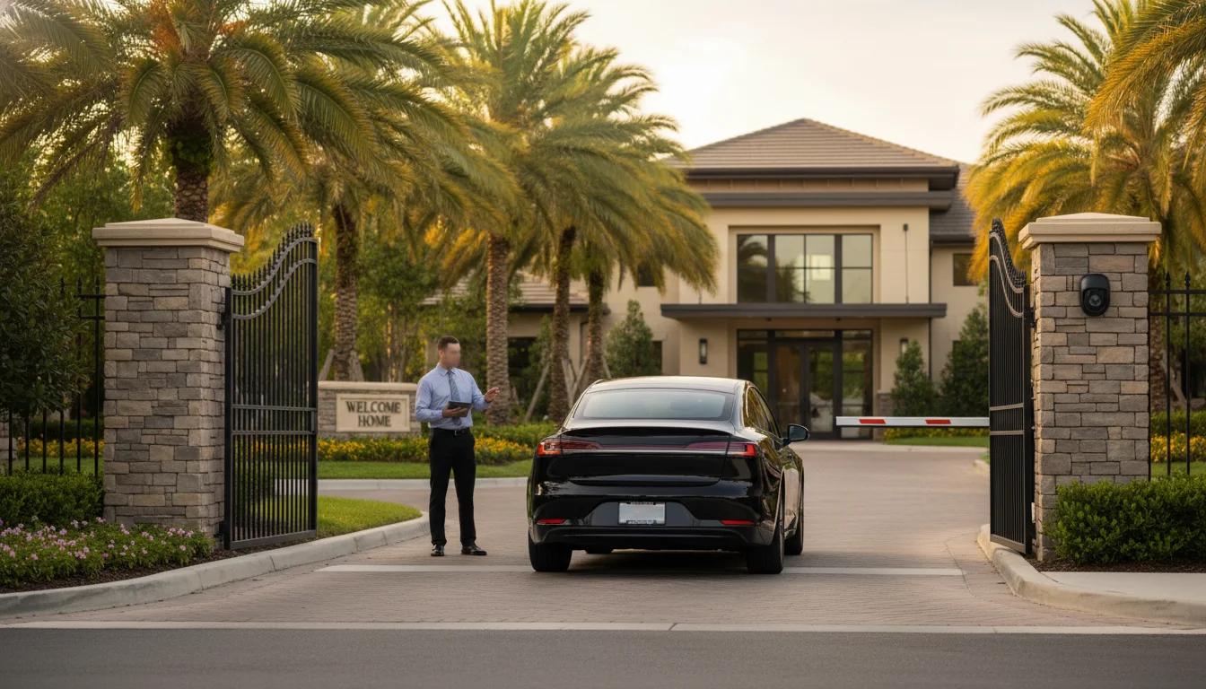 Resident vehicle entering a gated HOA community with license plate recognition access