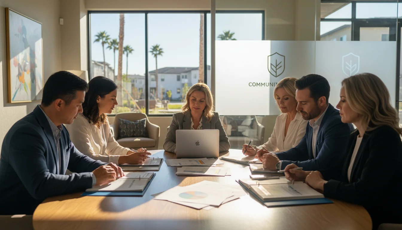 HOA board members reviewing privacy-first community security reports in a modern clubhouse