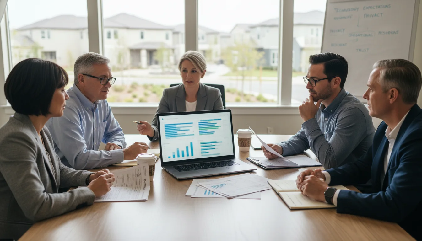 HOA board comparing community security technology vendor reports and access dashboards