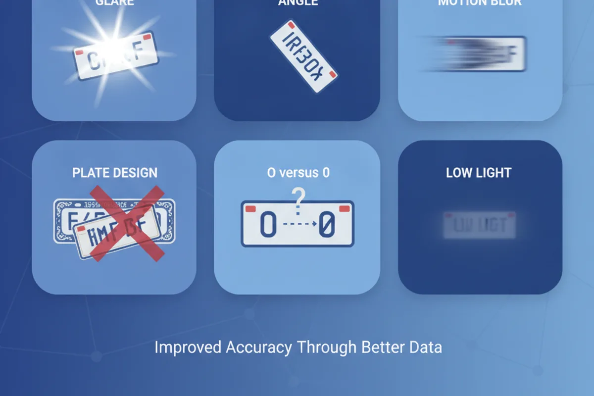 Common causes of ALPR errors including glare angle blur and plate design