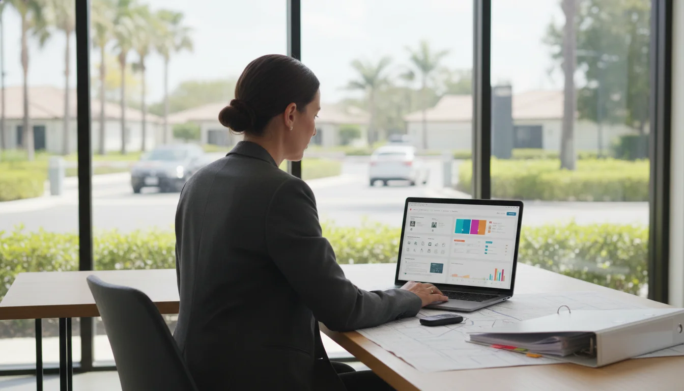 Privacy-first HOA security dashboard review Property manager reviewing a privacy-first HOA security dashboard for vehicle access and resident data controls
