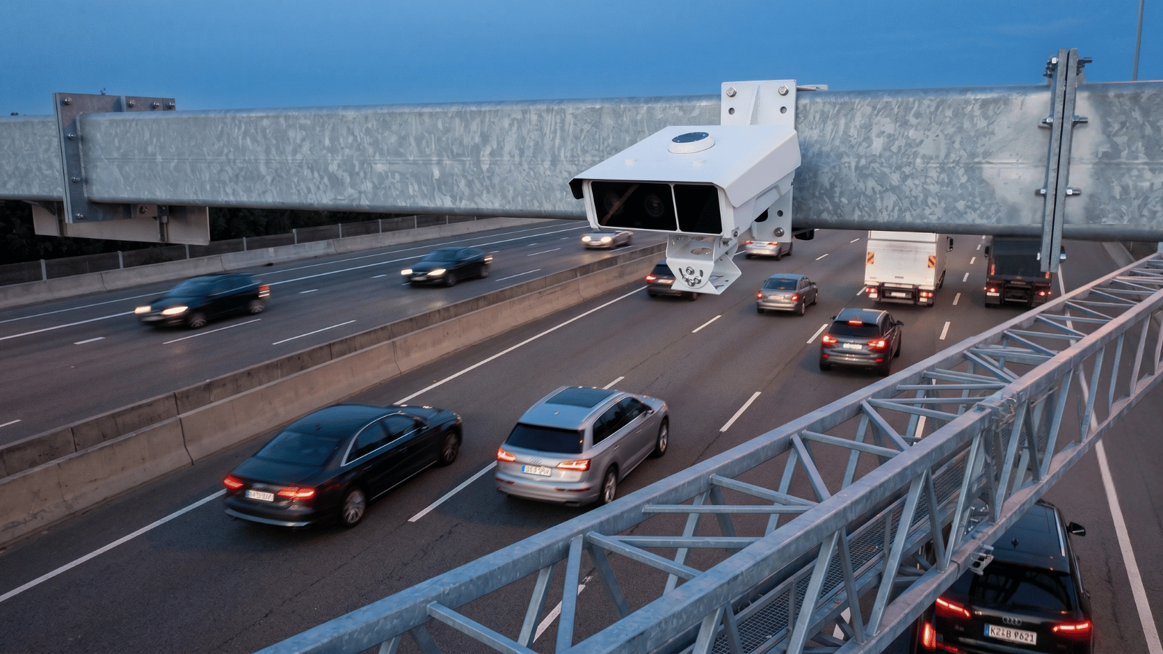 RadarCam Lite solar cellular radar-triggered LPR camera overlooking traffic on a highway