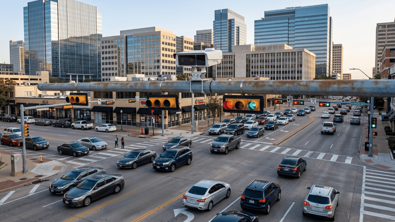 RoadCam Pro dual-view LPR camera at a multi-lane downtown intersection