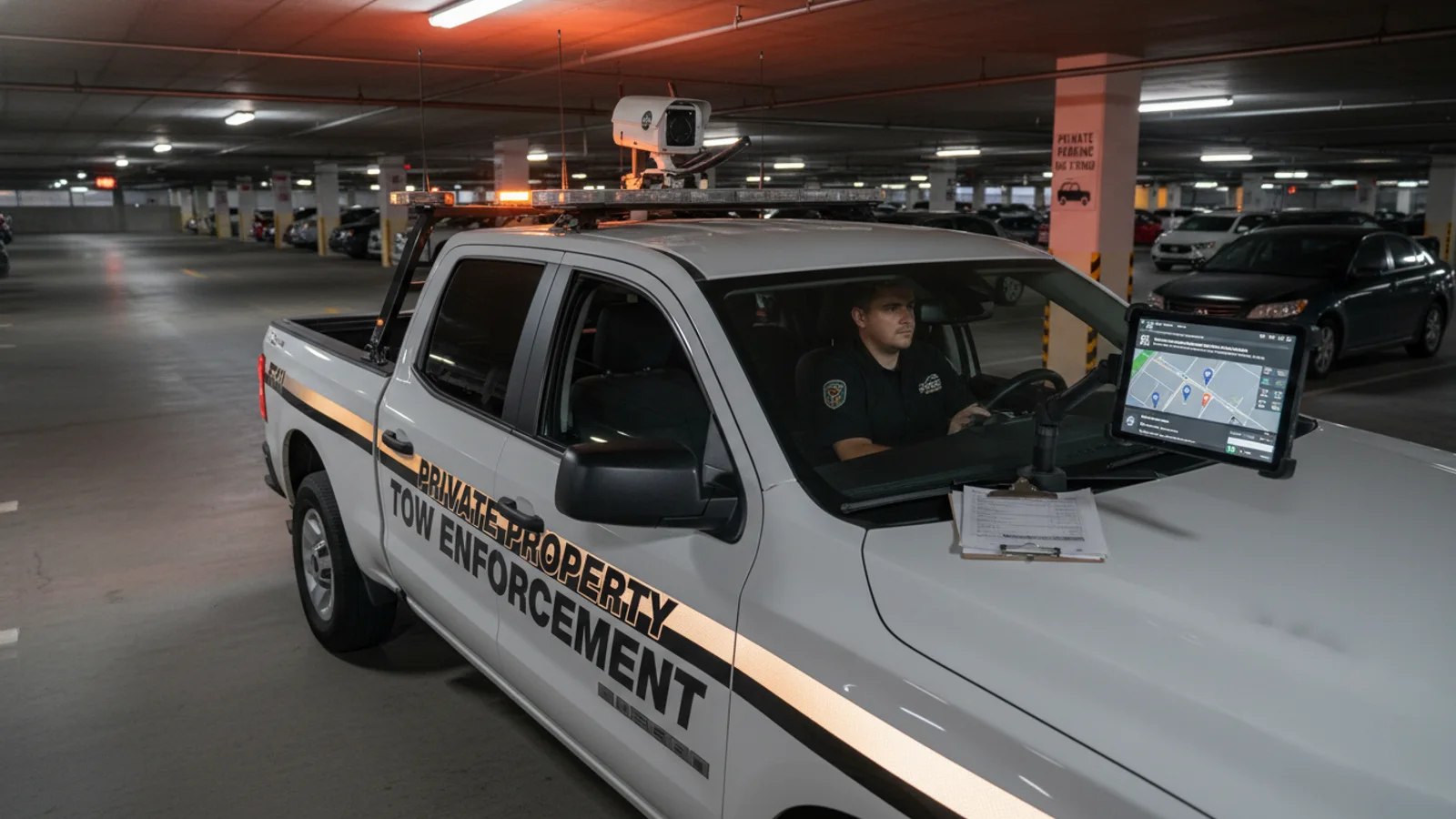 Tow patrol vehicle scanning parked cars in a private property parking lot