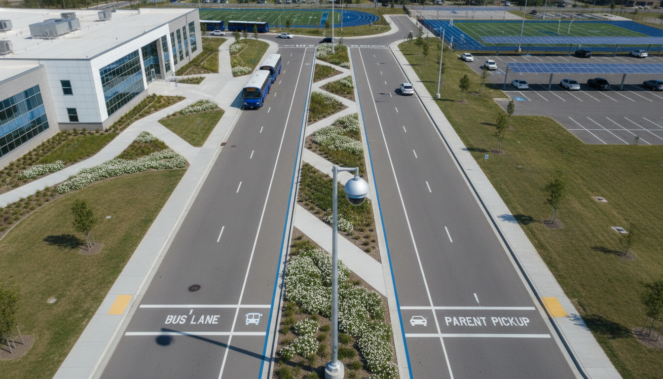 An aerial-style view of a school campus with a bus lane and a separate car pickup lane clearly divided by painted lines, a small recognition camera mounted on a pole overlooking both lanes