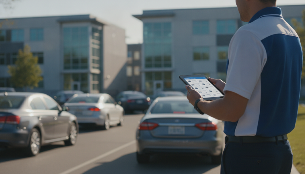 A school campus safety staff member holding a tablet with a dismissal management dashboard, standing near a line of cars in a carline lane, multiple school buildings in the background