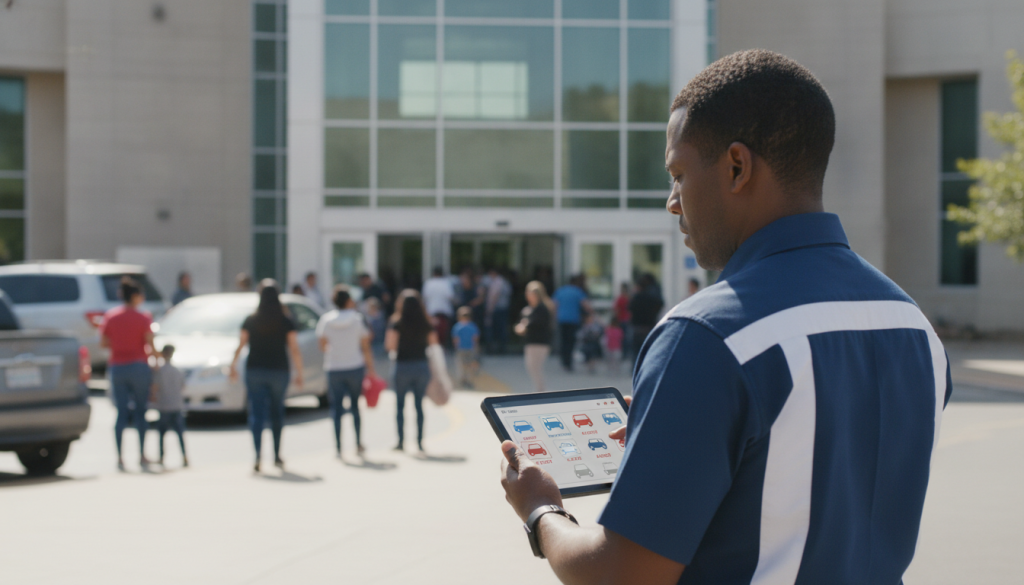 A campus safety officer looking at a tablet dashboard with vehicle recognition alerts instead of holding a radio, standing at a school entrance during pickup time