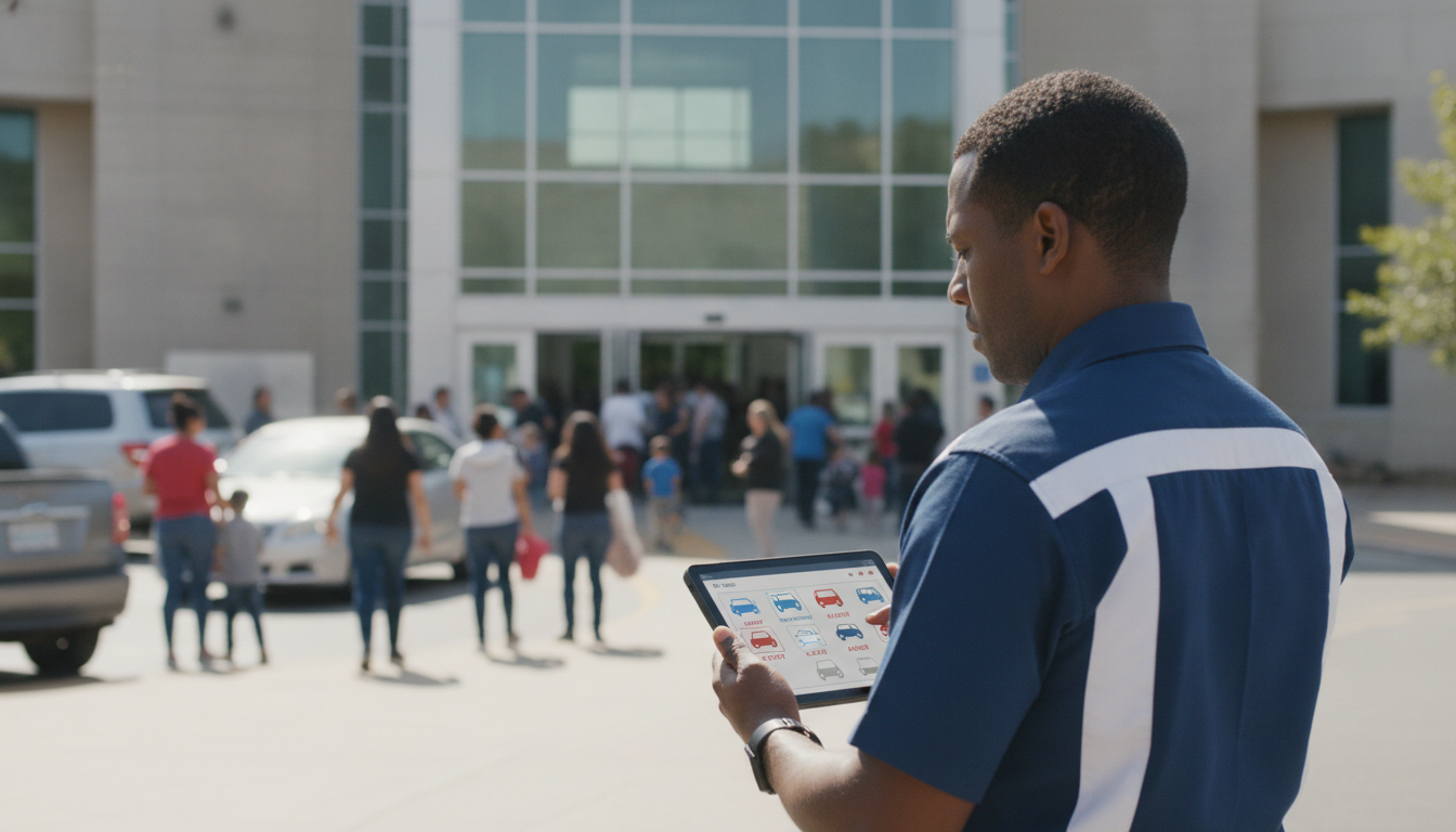 A campus safety officer looking at a tablet dashboard with vehicle recognition alerts instead of holding a radio, standing at a school entrance during pickup time