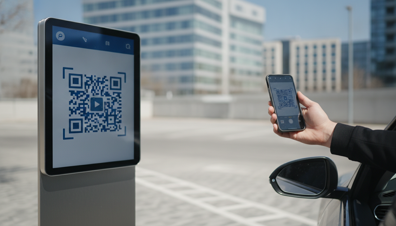 A driver scanning a QR code with a smartphone at a compact downtown parking lot entrance, no traditional payment kiosk present, urban buildings in the background, daytime