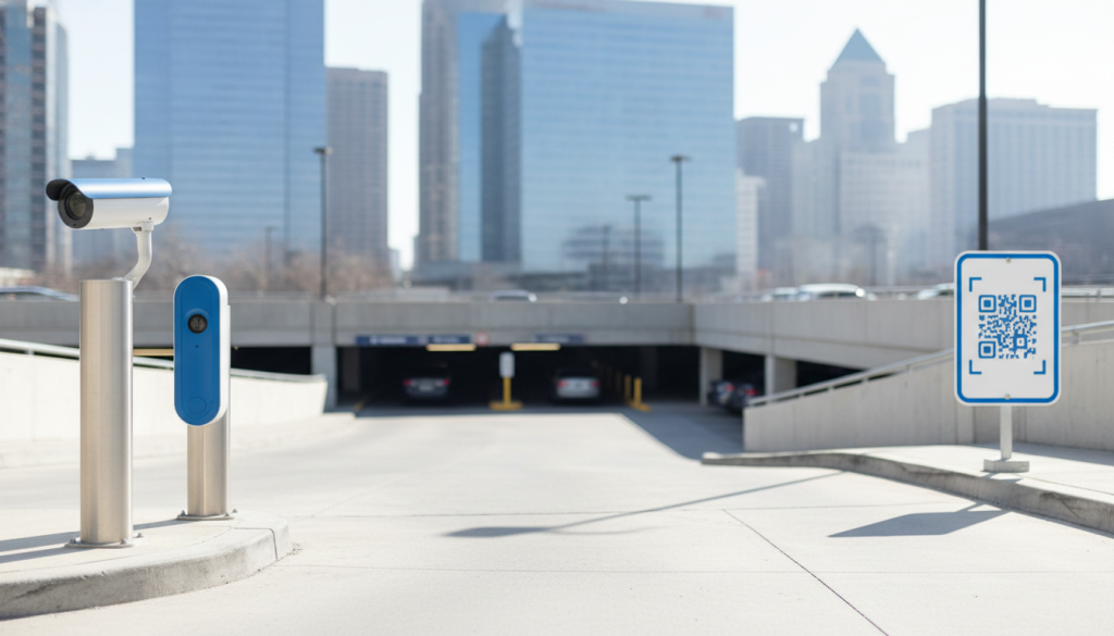 A downtown parking lot entrance with a license plate recognition camera on one side and a QR code payment sign on the other, city skyline in the background, daytime